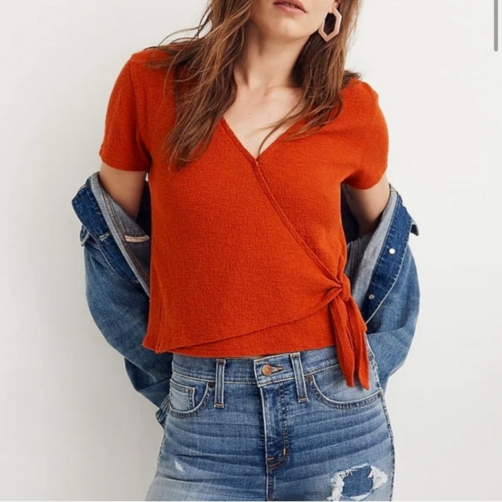 Madewell V-neck Tie Waist Short Sleeve Top Red S